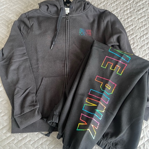 PINK Victoria's Secret Pants - PINK Black Zip-Up Hoodie and Joggers with Neon Rainbow Logo